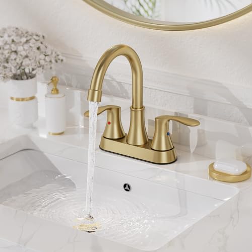 Phiestina 4 Inch 2 or 3 Hole Bathroom Sink Faucet Centerset Brushed Gold 2 Handle RV 360°Swivel Bath Vanity Faucet with Metal Pop Up Drain & cUPC Water Supply line, TY36-BG by phiestina - Image 9