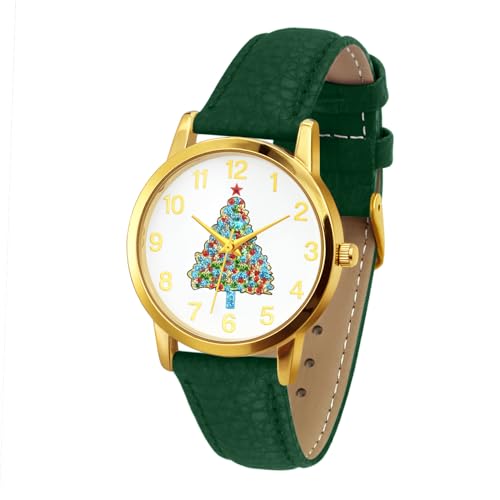 Blekon Collections Women's Quartz 36mm Case Christmas-Themed Leather Two Piece Strap Watch (Gold/Tree)