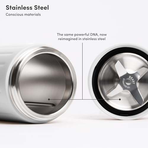 Image of Beast Mighty 850 Stainless Steel | Compact Personal Blender | Extra Vessels | Keeps Blends Cold | Smoothies, Shakes, Sauces, Dips | Portable Straw Caps and Lids | 850W (Cloud White)