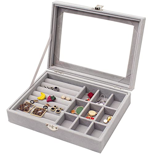 JULEX Jewellery Box Organiser 9 Grids Jewelry Storage Case, Velvet Lockable Jewellery Organiser, Removal Tray, Ring Storage Slot, Ring Jewellery Display Storage Box Tray (Multicolor)