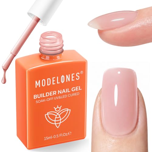 Image of modelones Builder Nail Gel, Rose Pink Builder for Nails, Translucent Netural Pink Color Rubber Base Gel Polish for Apex Building, Short Extension, Natural Overlay, Self-Leveling Beginner U V /LED Cured