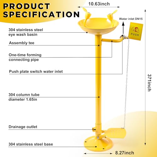 Image of Yaocom Eye Wash Station Stand up Emergency Pedestal Mounted Eyewash Station Adjustable Water Flow Hands Free Operation Stainless Steel Floor Mount Eyewash with Dual Spray Head and Pedal(Yellow)