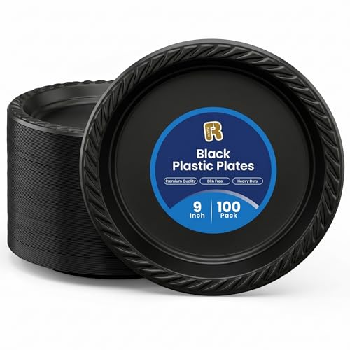 R-kay 100 Pack 9 Inch Black Plastic Plates - Heavy Duty 9 Inch Black Plates Disposable For Party - Microwavable Disposable Plates