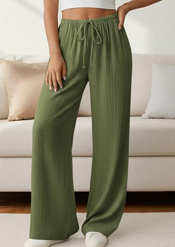 PRETTYGARDEN Womens Palazzo Pants Summer Fashion 2026 High Waisted Wide Leg Drawstring Flowy Beach Trousers with Pockets (Army Green,XX-Large) — view 5