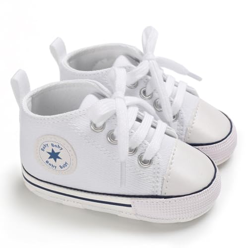 KKIIDDSS Unisex Baby Girls Boys Canvas High-top Shoes, Newborn Infant Anti-Slip Soft Sole Frist Walking Sneakers (A01/White,12-18 Months
