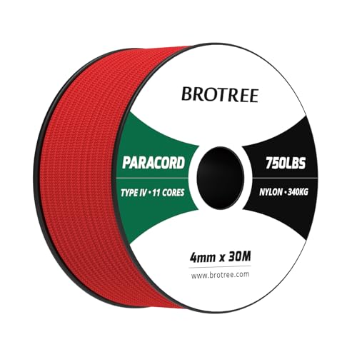 BROTREE Paracord 750lb 4mm 30M 100% Nylon Seil Typ 4 Schnur mit 11 Kern für Survival, Camping, Outdoor - 340kg Bruchlast (Rot)