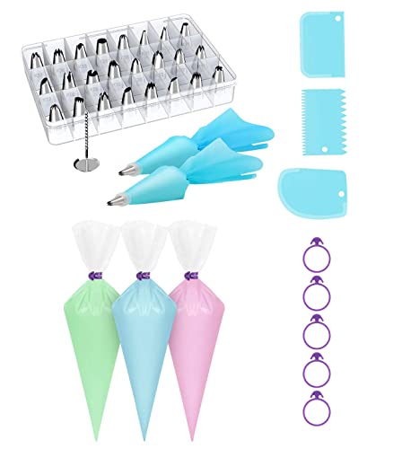Kootek 137 Pcs Cake Decorating Tools - 24 Numbered Cake Tips, 2 Reusable Couplers, 102 Pastry Bags, 1 Flower Nail, 3 Icing Smoother and 5 Bags Ties