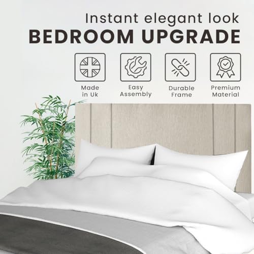RIO Padded Lined Divan Bed Headboard | Chenille Fabric Double Headboard for bed frames | Elegant design wooden material headboards for beds (Ivory,4ft6 Double H-20inch)