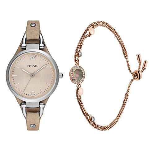 Fossil Women's Georgia Quartz Stainless Steel and Leather Casual Watch and Womens Grey Mother-of-Pearl and Rose Gold Multi-Strand Slider Closure Bracelet