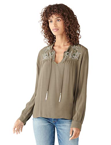 Lucky Brand Womens Long Sleeve Notch Neck Embroidered Peasant Top Shirt, Grape Leaf, Large Us #TOP16