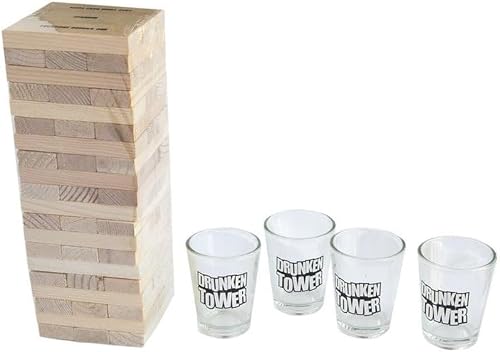 Drunken Tower Wooden Block Drinking Game with 4 Shot Glasses, Adult Party Game