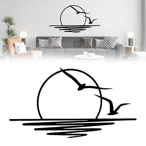 Wanddeko, 100 x 50 cm Schwarz Metall Wanddeko, wunderschöne Wanddekoration mit Möwen und Sonnenaufgang Muster, minimalistische Linienkunst Wandornament Hängen Dekor für Wohnzimmer, Schlafzimmer, Büro