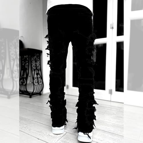 Stacked Jeans Men Frayed Relaxed Fit Jean for Men Stretch Fashion Distressed Patchwork Mens Straight Leg Jeans3