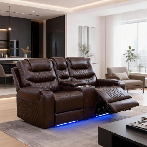 Image of Leather Recliner Loveseat Set, Power Leather Sectional Set with LED Light, Living Room Furniture Sets 2 Seats, Power Reclining Sofa Sets with Storage Console /Cup Holder for Living Room