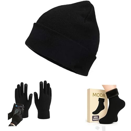 Touca de Inverno Lisa preta com Luva, Gorro Adulto, Tamanho Único