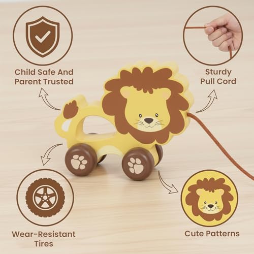 Image of Baby Toys Car,Wooden Pull Along Toddler Toy, Developmental Toy for 1 Year Old Girl Boy Birthday Gift (Lion)