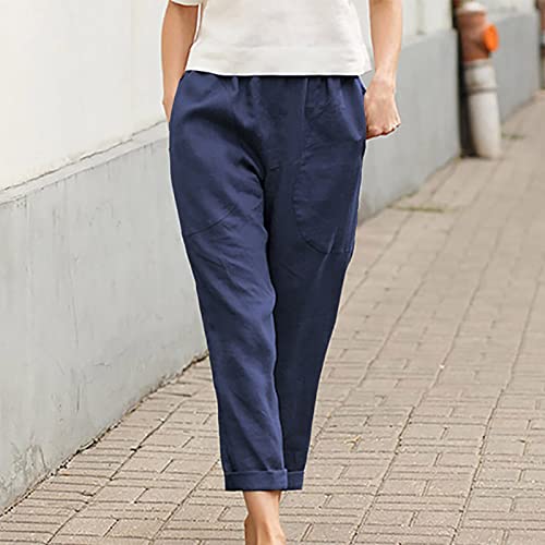 Image of LRMQS Cotton Linen Pants Women Casual Summer 2026 Trendy Loose Fit Beach Wide Straight Leg Trousers with Side Pockets
