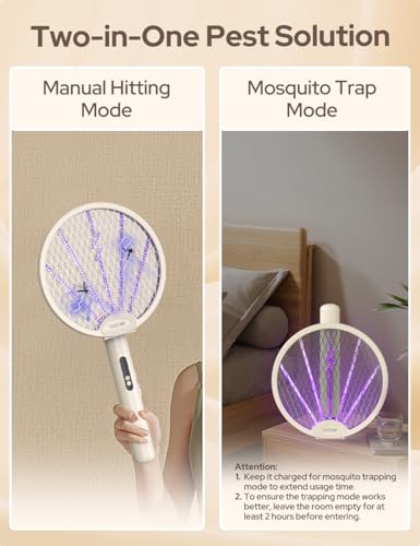 Image of CostarMatter Mosquito Killer Racket, Foldable Bat with UV Light, 3400V, 2 in 1 Auto Mosquito Killer, Racket for Mosquitoes, Electric Fly Swatter with Lithium-ion Battery, Beige