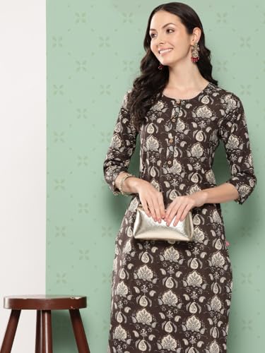 Image of Varanga Women Grey Floral Printed Straight Kurta with Three Quarter Sleeves