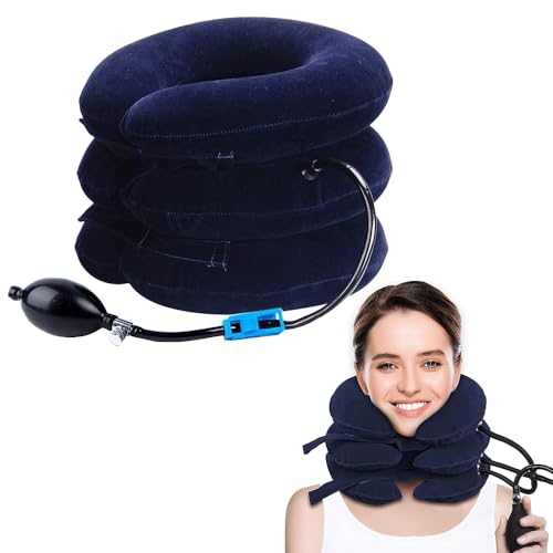 TKMARS Collarín Cervical Mujeres Hombres Ajustable Inflable Cuello Cervical Tracción para Dolor Cervical, Cabeza, Cuello, Cuello Relajarse Adecuado para Viajes, Oficina Azul
