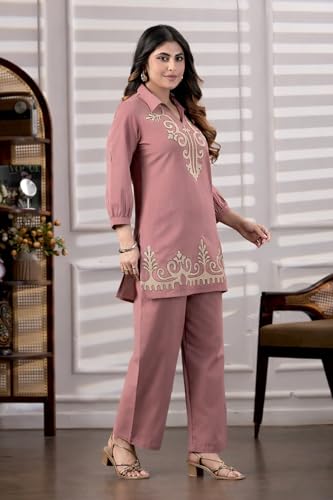Image of Fashion Kurta Sets for Women | Co Ord Sets Stylish | Kurti Sets for Women | Short Kurti | Ethnic Embroidered Straight Kurta Sets with Pants Suits