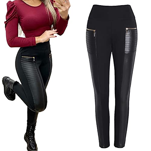 Women high waist pu leather skinny pants, contrast panel zipper d…
