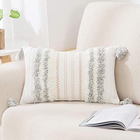 Boho Lumbar Decorative Throw Pillow Covers for Bed Bedroom Neutral Accent Cushion Cover Tufted Woven Pillow Case, 12X20, Grey Cover