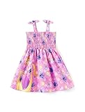 Disney Princess Rapunzel Girls Dress Floral Patterns Sundress Bow Tie Straps Smocked Summer Outfit Birthday Party Holiday Clothes Lavender Size 6-7