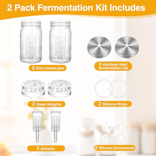 32 oz Mason Jar Fermentation Kit,Sauerkraut/Pickling Kit with 2 Pack Fermentation Jars, 2 Fermentation Lids, 2 Fermenting Weights and Airlocks(2 Jars Included) - Thumbnail 2