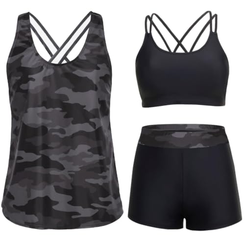 Image of Women's 3 Piece Tankini Swimsuit Tummy Control Bathing Suit with Boy Shorts