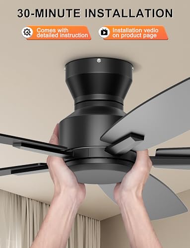 Ohniyou 52 Inch Ceiling Fan No Light, Low Profile Ceiling Fan with Remote and App Control, Flush Mount Ceiling Fan without Light for Bedroom Living Room Covered Patios, Quiet DC Motor, Black — view 6