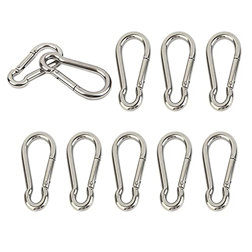MICREEN Lot de 10 mousquetons en acier inoxydable 304 très résistants à ressort M4 4 cm Petit porte-clés pour clés, balançoire, camping, pêche, hamac Cover