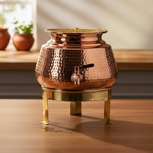 Image of Artarium Hammered Pure Classic Copper Water Dispenser with Stand & Tap (5 litres), Copper Water Storage for Kitchen & Dining