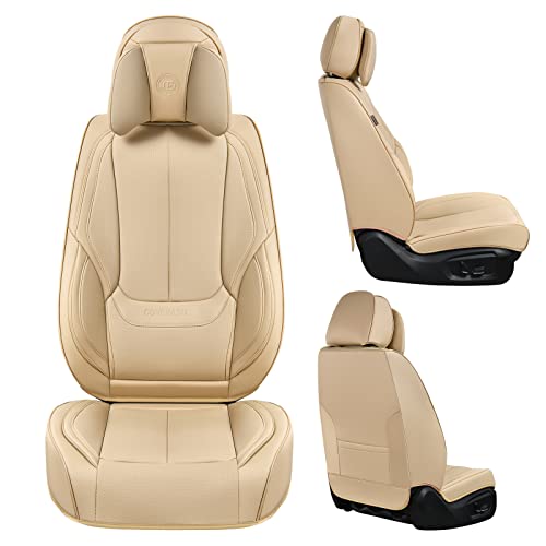 Coverado Universal Seat Covers Full Set, 5 Seats Universal Seat Covers For Cars, Waterproof Nappa Leather Car Seat Covers With Head Pillow, Auto Protectors Fit For Most Sedans Suv Pick-Up Truck, Beige #TOP3
