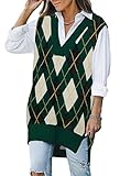 Viottiset Women's Oversized Argyle V Neck Tunic Knit Sweater Vest Sleeveless Top Blackish Green L