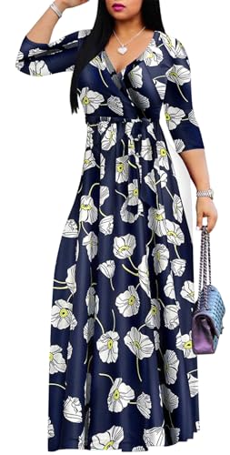 Image of Women's Floral Maxi Dress Summer Casual V-Neck 3 /4 Sleeve Long Bohemian Print Evening Party Dress