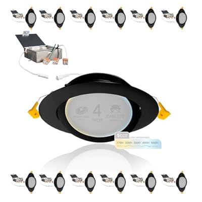 NuWatt 12 Pack, 4 Inch Black Gimbal LED Recessed Lighting, 2700K/3000K/3500K/4000K/5000K Selectable, 630LM, Dimmable, Damp Rated, Canless Adjustable Directional Lights for Sloped Ceilings, Metal J-Box