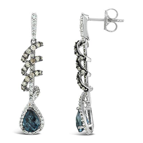 LE VIAN 14K White Gold, Pear Cut Blue Topaz & 1-1/6 Cttw White/Chocolate Diamond 1-1/2" Dangle Stud Earrings (H-I & Fancy Brown Color, SI2-I1 Clarity)4