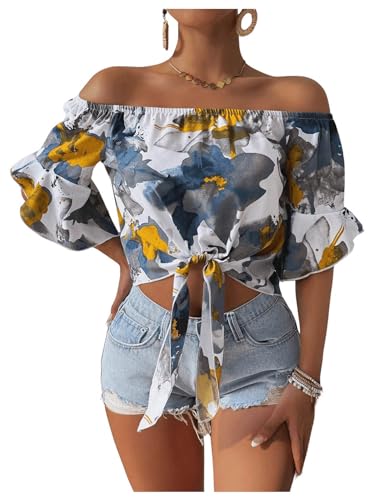 SweatyRocks Women's Ruffle Half Sleeve Off Shoulder Knot Front Floral Crop Blouses Multicolor Medium