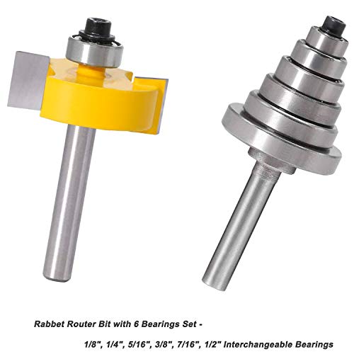 Rabbet Router Bit with 6 Bearings Set- 1/8”, 1/4", 5/16", 3/8", 7/16", 1/2" Interchangeable and Adjustable Bearing Milling Woodwork Tool (1/4 Inch Shank)