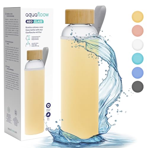 Aquafloow Botella Agua de Vidrio con Tapa de 700ml, Vidrio de Borosilicato Con Tapa de Bambú de Neopreno, Sin BPA, Reutilizable | Ideal para La Oficina, El Exterior, La Escuela – Amarillo