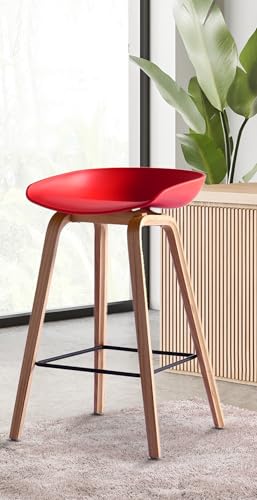 Image of Creative Red Bar Stool Chair | Plastic Seat | Wooden Finish Metal Legs | Powder Coated Metal Footrest | Modern High Stool for Kitchen, Cafe, Bar & Home Use | Qty 1
