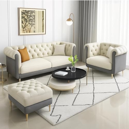 Image of Chesterfield Velvet Upholstery 3-Seater with Armchair and Footrest, Design in 3+1+Footrest Sofa for Living Room, Bedroom, Hallways (Grey & Beige)