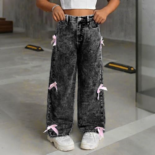 Girls Bow Wide Leg Jeans Baggy Denim Pants Cute Elastic Waist Streetwear Y2K Trousers Casual Winter Jeans with Pockets2