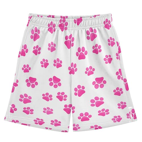 J JOYSAY Cartoon Paw Footprint Fuchsia Boys Athletic Shorts Kids Youth Casual Shotrs with Elastic Waistband Pockets