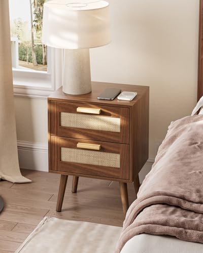Image of Masupu Rattan Night Stand, Modern nightstand Boho Bedside Table with 2 Drawer, Small End Side Table for Bedroom, Living Room, Office, Walnut