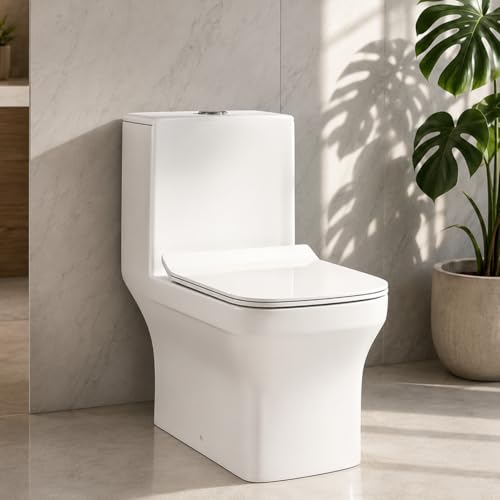 Image of KrissKross Premium Western Floor Mounted One Piece Commode Water Closet Ceramic Western Toilet /European Commode Square With Soft Close Seat Cover For Lavatory, Toilets (P-Trap Outlet Is From Wall)