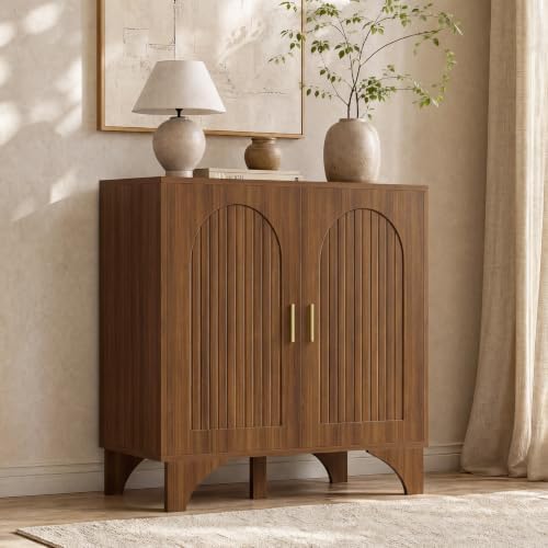 Mid Century Modern Buffet Cabinet Arched Doors Walnut Storage Sid...