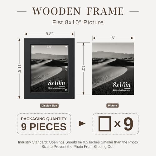Image of VCK 8x10 Picture Frame Set of 9, Black Solid Wood Photo Frame, Wall Display