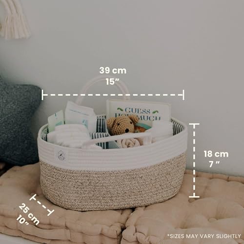 OrganiHaus Nappy Caddy Organiser, Premium Cotton Rope Diaper Caddy Basket, Newborn Essentials Storage Tote, Baby Changing Organiser, Baby Basket for Shower Gift - Brown